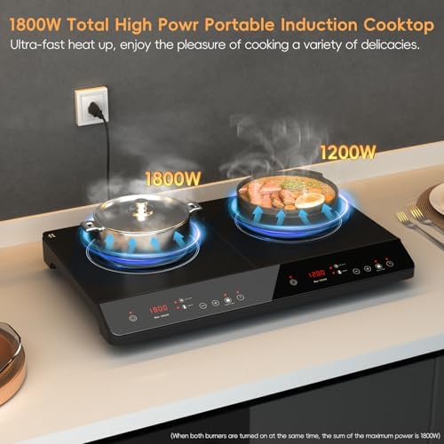 Double Induction Cooktop, Portable 1800W Induction Cooker 2 Burner Independent Touch Control, Ceramic Electric Stove with 9 Temperature and Power Level, Safety Lock, 3 Hour Timer - Black - Image 4