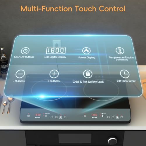 Double Induction Cooktop, Portable 1800W Induction Cooker 2 Burner Independent Touch Control, Ceramic Electric Stove with 9 Temperature and Power Level, Safety Lock, 3 Hour Timer - Black - Image 6