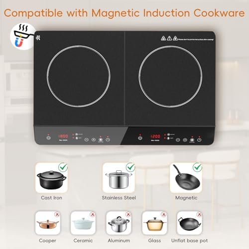 Double Induction Cooktop, Portable 1800W Induction Cooker 2 Burner Independent Touch Control, Ceramic Electric Stove with 9 Temperature and Power Level, Safety Lock, 3 Hour Timer - Black - Image 7