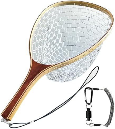 Fly Fishing Net Landing Trout Net Bass Soft 23.62in/20inch Rubber Catch and Release Fish Net with Wooden Handle Frame Magnetic Fly Fishing Accessories Fly Fish Net