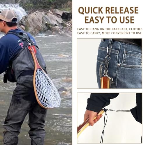 Fly Fishing Net Landing Trout Net Bass Soft 23.62in/20inch Rubber Catch and Release Fish Net with Wooden Handle Frame Magnetic Fly Fishing Accessories Fly Fish Net - Image 4