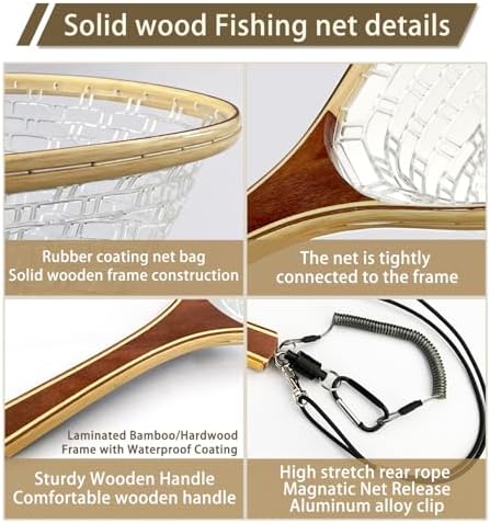 Fly Fishing Net Landing Trout Net Bass Soft 23.62in/20inch Rubber Catch and Release Fish Net with Wooden Handle Frame Magnetic Fly Fishing Accessories Fly Fish Net - Image 5