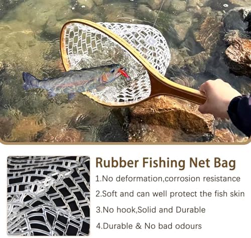Fly Fishing Net Landing Trout Net Bass Soft 23.62in/20inch Rubber Catch and Release Fish Net with Wooden Handle Frame Magnetic Fly Fishing Accessories Fly Fish Net - Image 6